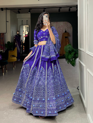 Navy Blue Color Bandhani Printed Vaishali Silk Lehenga With Blouse And Dupatta Clothsvilla