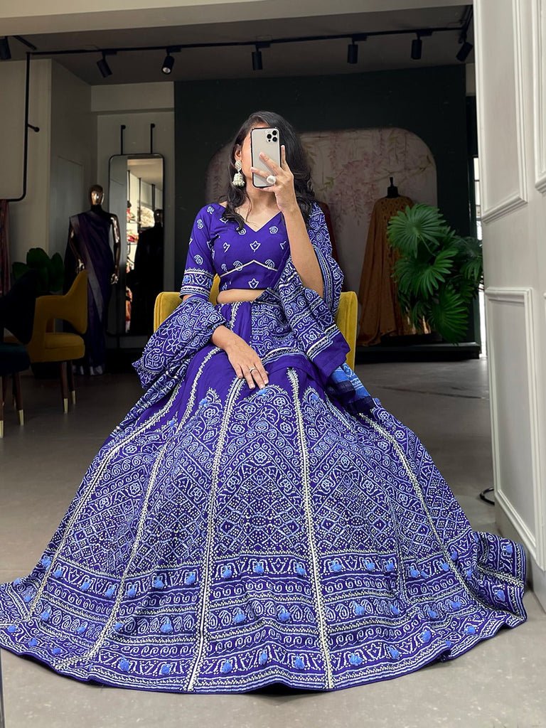 Navy Blue Color Bandhani Printed Vaishali Silk Lehenga With Blouse And Dupatta Clothsvilla