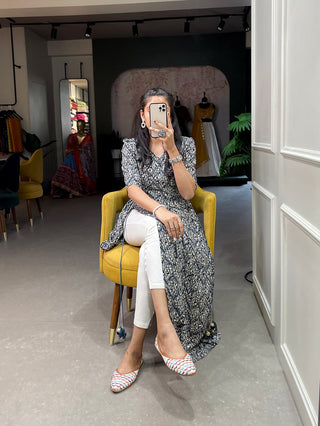 Navy Blue Color Classy & Comfy Rayon Cotton Nayra Kurti with Foil Print and Tassels ClothsVilla