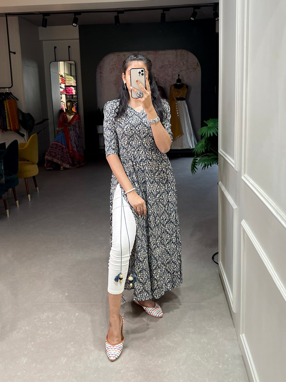 Navy Blue Color Classy & Comfy Rayon Cotton Nayra Kurti with Foil Print and Tassels ClothsVilla