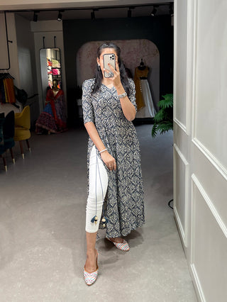 Navy Blue Color Classy & Comfy Rayon Cotton Nayra Kurti with Foil Print and Tassels ClothsVilla
