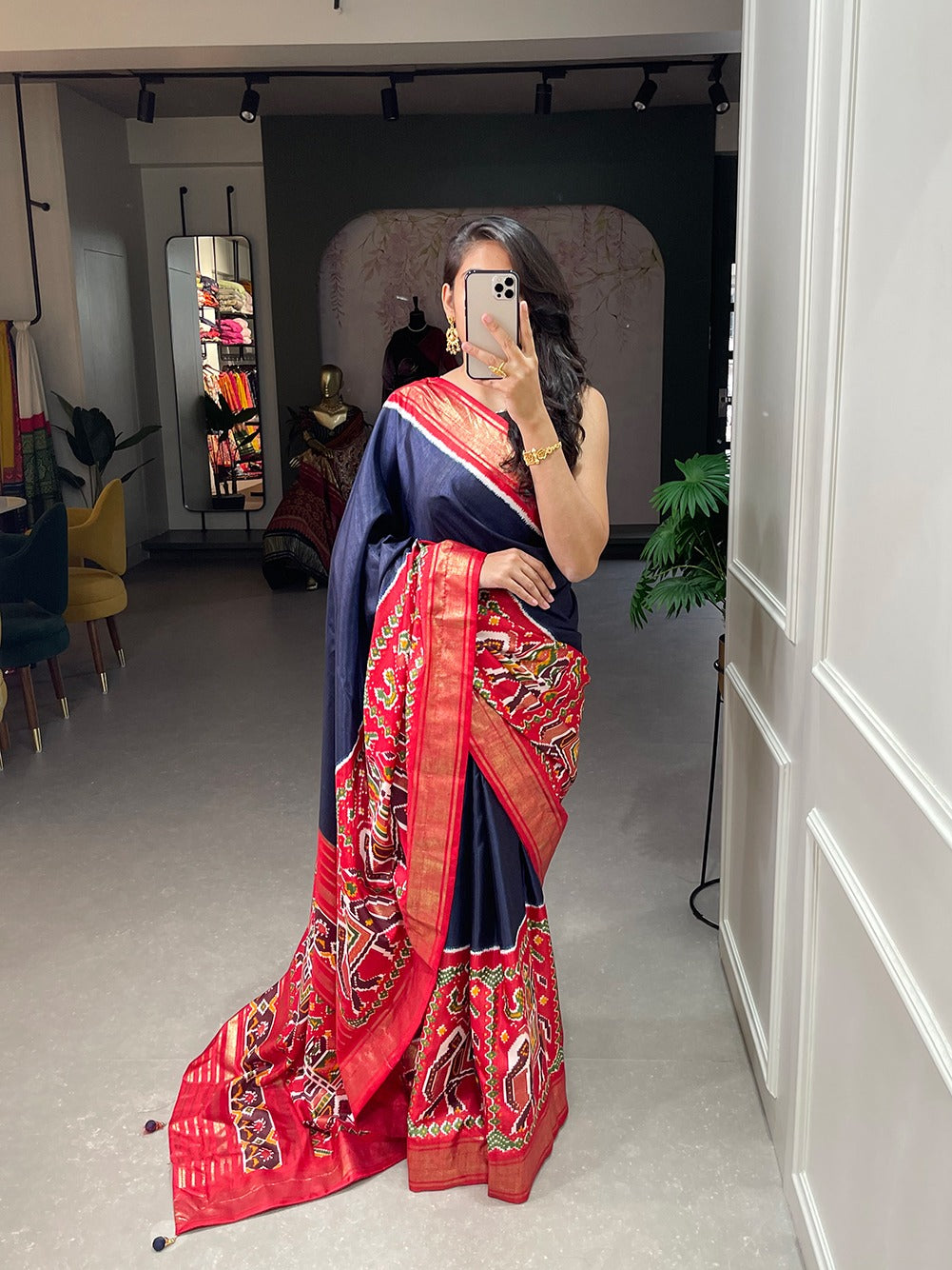 Navy Blue Color Dola Silk Patola Saree with Shimmering Foil Work ClothsVilla
