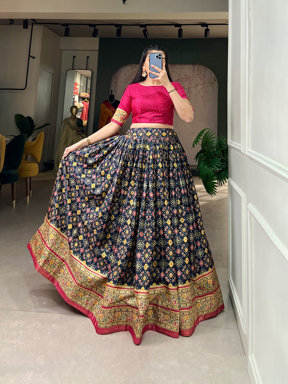 Navy Blue Color Ikkat Patola Co-ord Set Lehenga ClothsVilla