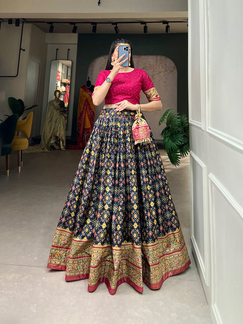 Navy Blue Color Ikkat Patola Co-ord Set Lehenga ClothsVilla Main image