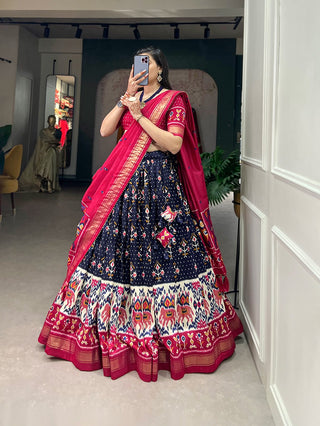 Navy Blue Color Patola Print Tussar Silk Lehenga Choli Set ClothsVilla