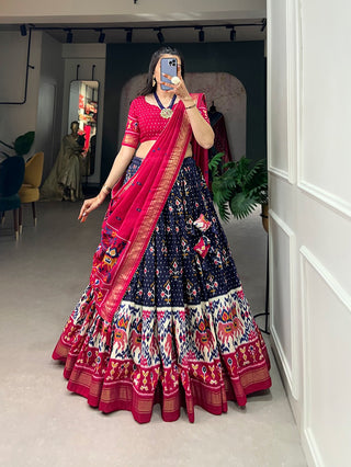Navy Blue Color Patola Print Tussar Silk Lehenga Choli Set ClothsVilla