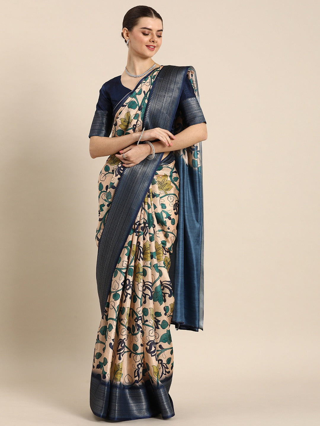 Navy Blue Color Printed With Zari Border Dola Silk Saree Clothsvilla
