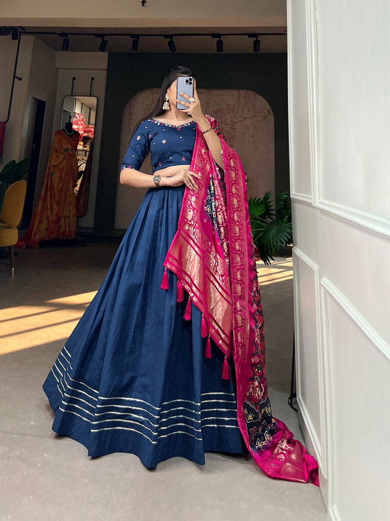 Navy Blue Color Pure Cotton Lehenga & Gaji Silk Dupatta Set with Gota & Mirrorwork ClothsVilla