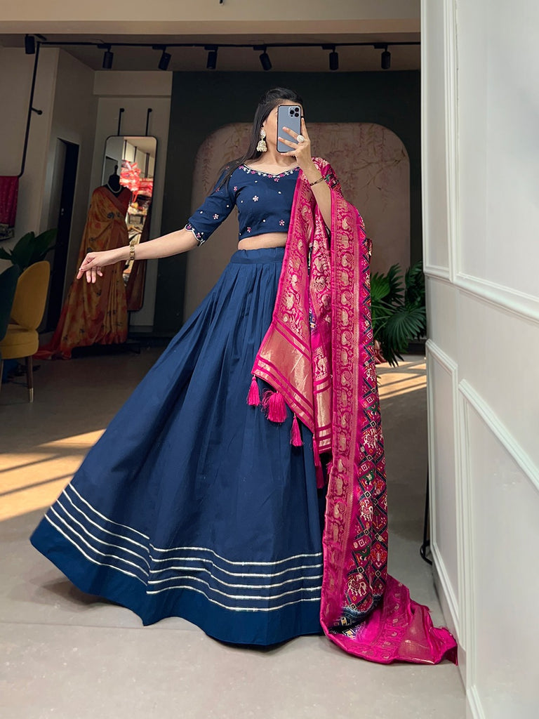 Navy Blue Color Pure Cotton Lehenga & Gaji Silk Dupatta Set with Gota & Mirrorwork ClothsVilla