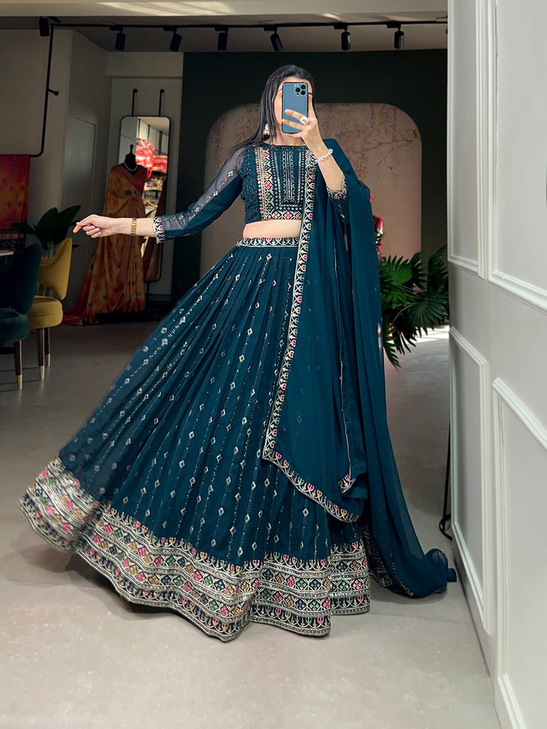 Navy Blue Color Sequins And Thread Embroidery Work Georgette Lehenga Choli Clothsvilla