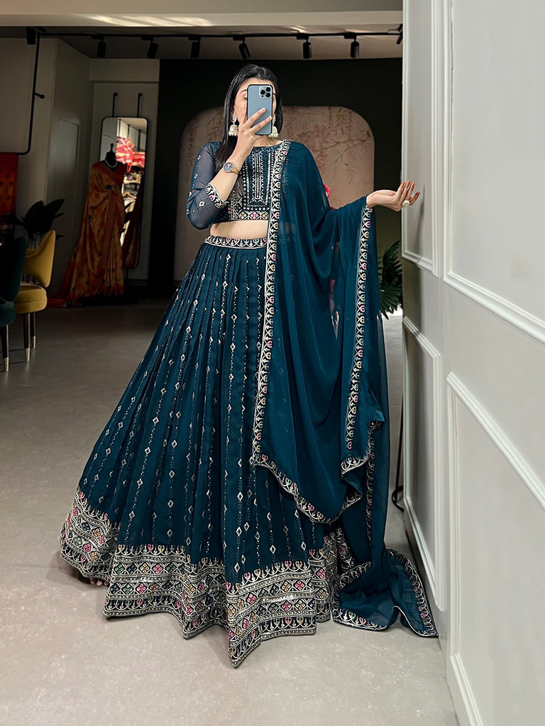 Navy Blue Color Sequins And Thread Embroidery Work Georgette Lehenga Choli Clothsvilla
