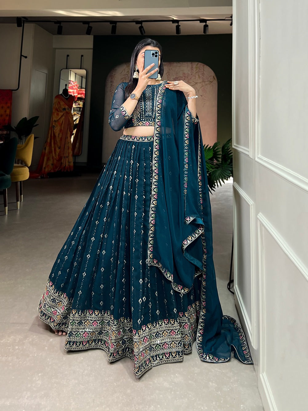 Navy Blue Color Sequins And Thread Embroidery Work Georgette Lehenga Choli Clothsvilla