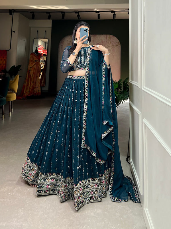 Navy Blue Color Sequins And Thread Embroidery Work Georgette Lehenga Choli Clothsvilla