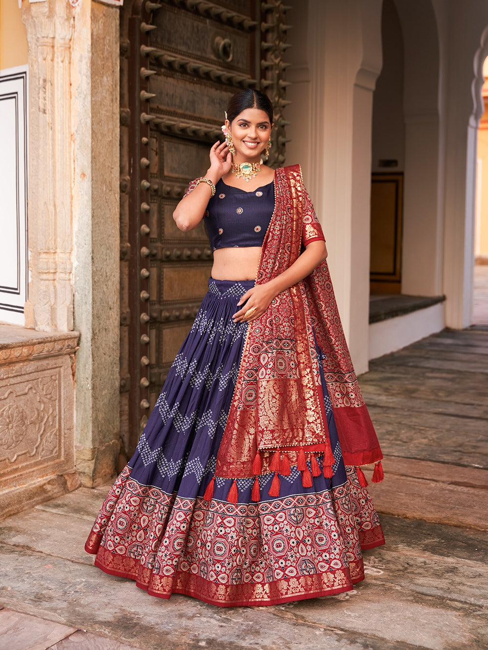 Navy Blue Color Tussar Silk Lehenga Choli with Ajarakh Prints ClothsVilla