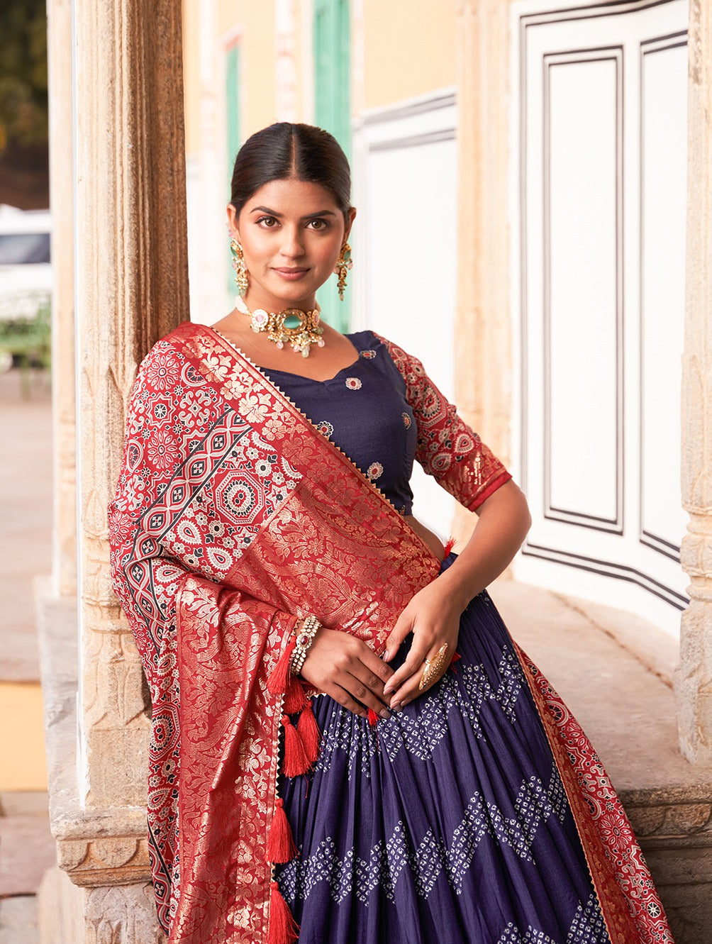 Navy Blue Color Tussar Silk Lehenga Choli with Ajarakh Prints ClothsVilla