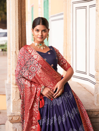Navy Blue Color Tussar Silk Lehenga Choli with Ajarakh Prints ClothsVilla