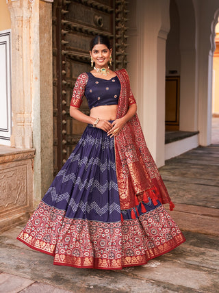 Navy Blue Color Tussar Silk Lehenga Choli with Ajarakh Prints ClothsVilla