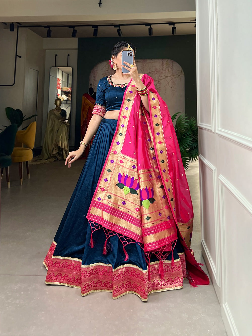 Navy Blue Color Vichitra Silk Lehenga Choli Set with Timeless Paithani Elegance ClothsVilla Main image