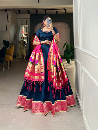 Navy Blue Color Vichitra Silk Lehenga Choli Set with Timeless Paithani Elegance ClothsVilla