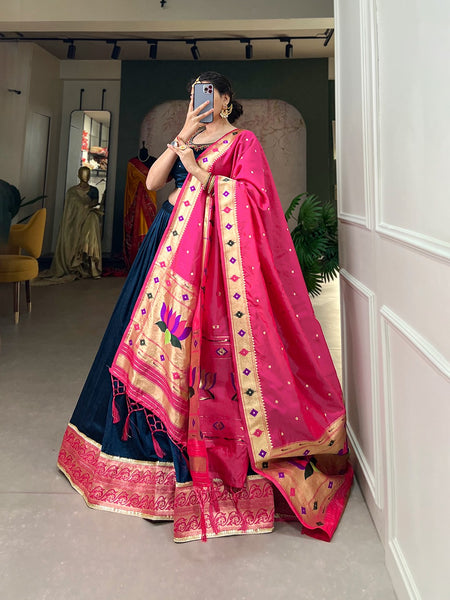 Buy Pink Zari Woven Paithani Silk Lehenga choli Online At Zeel Clothing