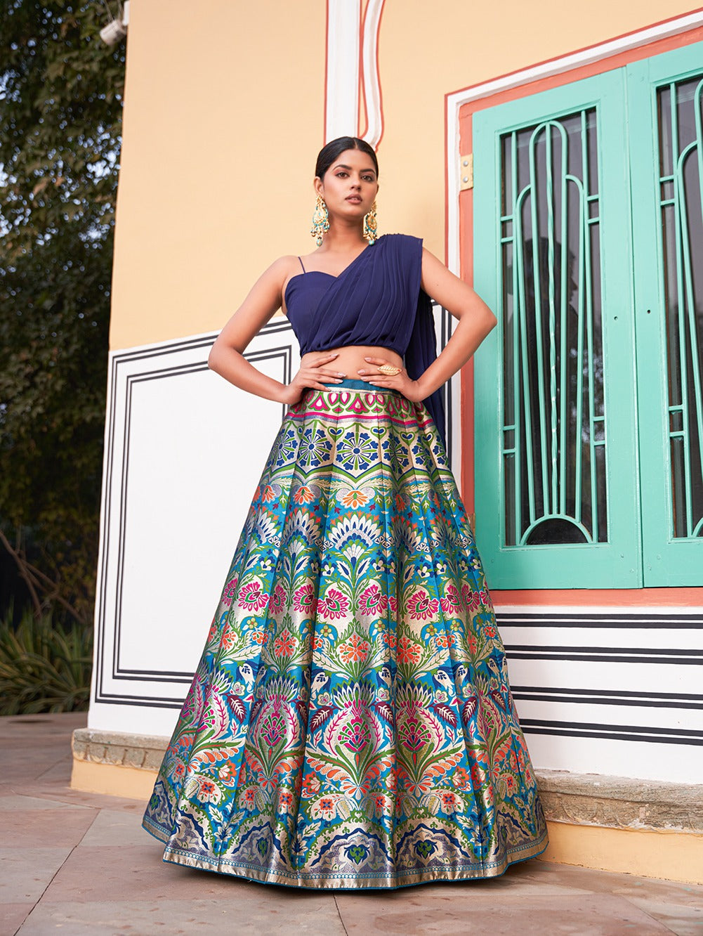 Navy Blue Color Zari Weaving Work Banarasi Silk Lehenga Choli Secondary image