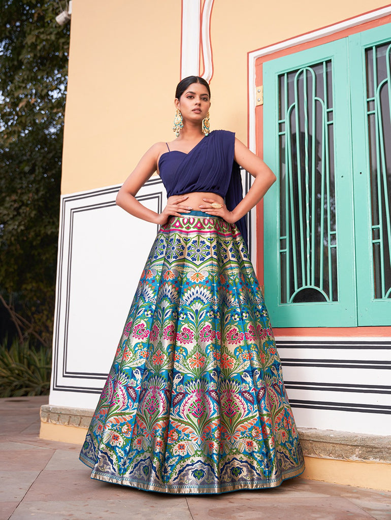 Navy Blue Color Zari Weaving Work Banarasi Silk Lehenga Choli Clothsvilla