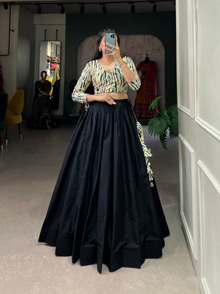 Navy Blue Cotton Lehenga Co-Ord Set with Shibori Print Blouse ClothsVilla