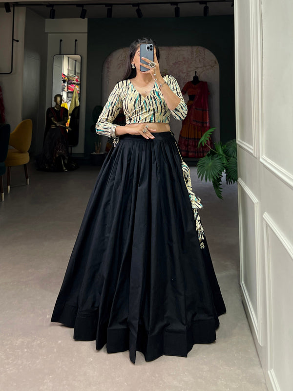 Navy Blue Cotton Lehenga Co-Ord Set with Shibori Print Blouse ClothsVilla