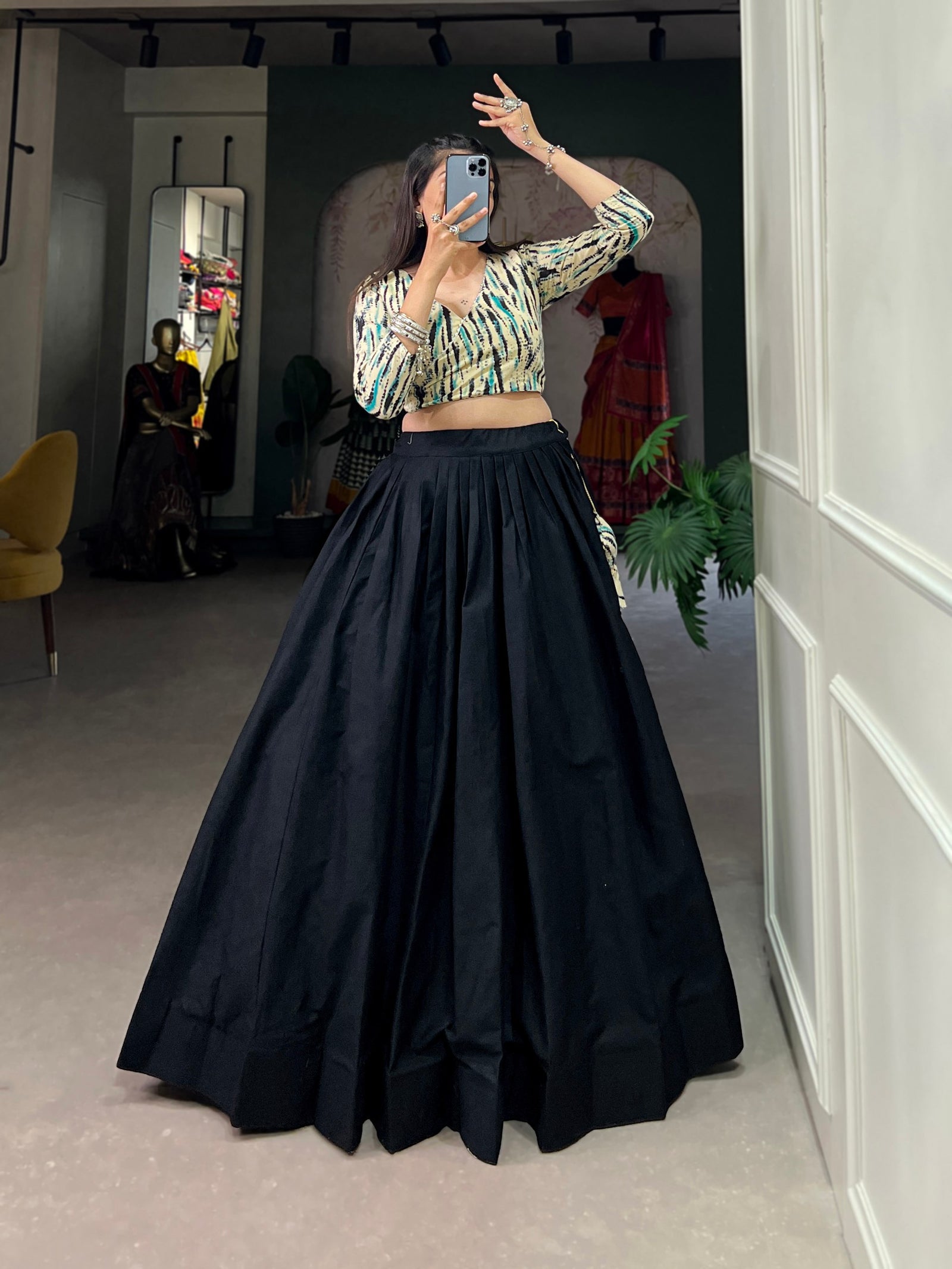 Navy Blue Cotton Lehenga Co-Ord Set with Shibori Print Blouse ClothsVilla