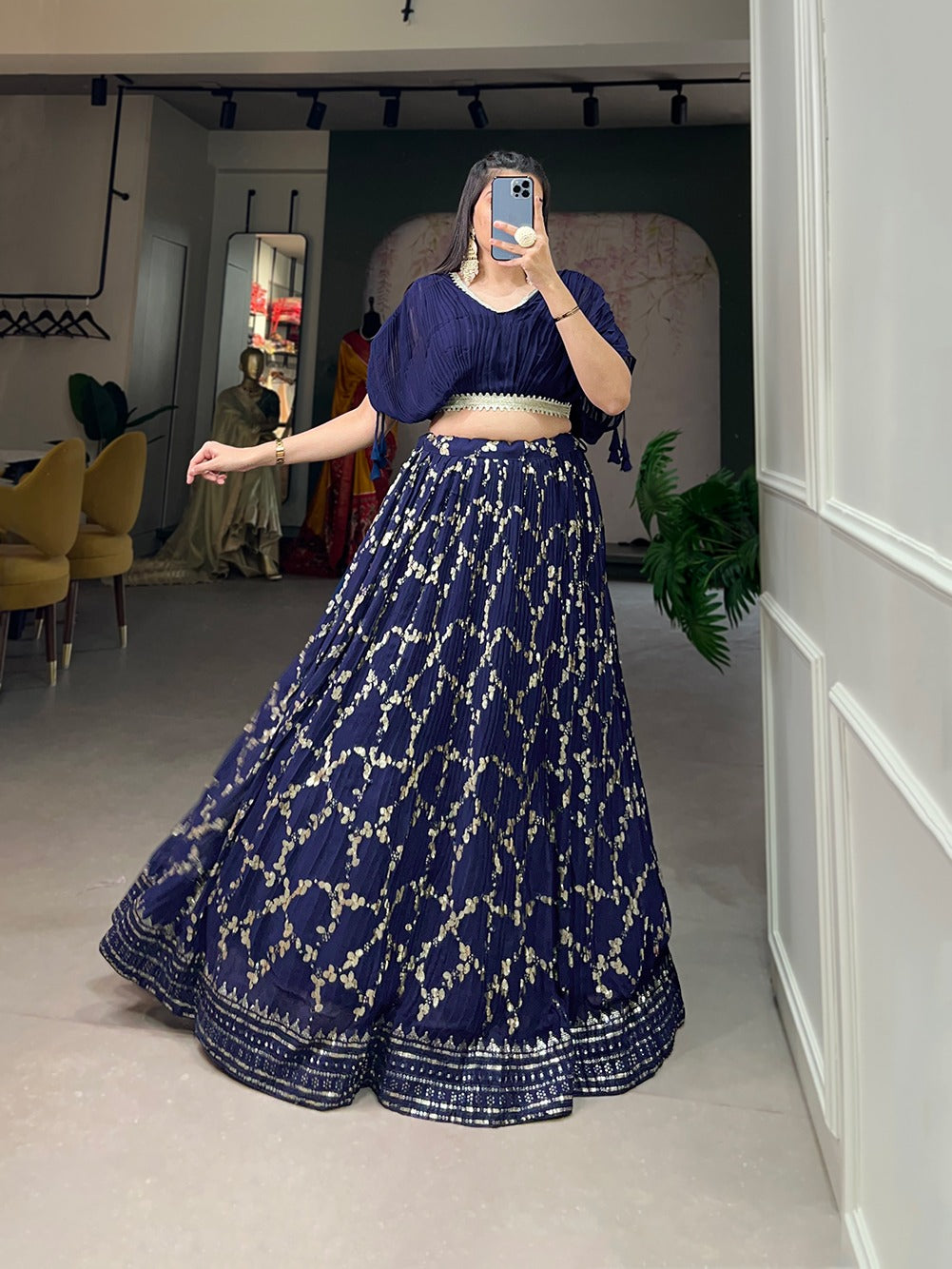 Navy Blue Crushed Georgette Lehenga Choli Set with Sequin Embroidery ClothsVilla