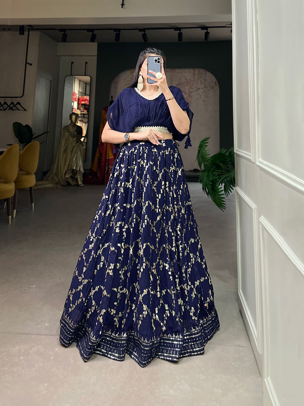 Navy Blue Crushed Georgette Lehenga Choli Set with Sequin Embroidery ClothsVilla
