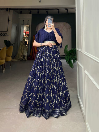 Navy Blue Crushed Georgette Lehenga Choli Set with Sequin Embroidery ClothsVilla