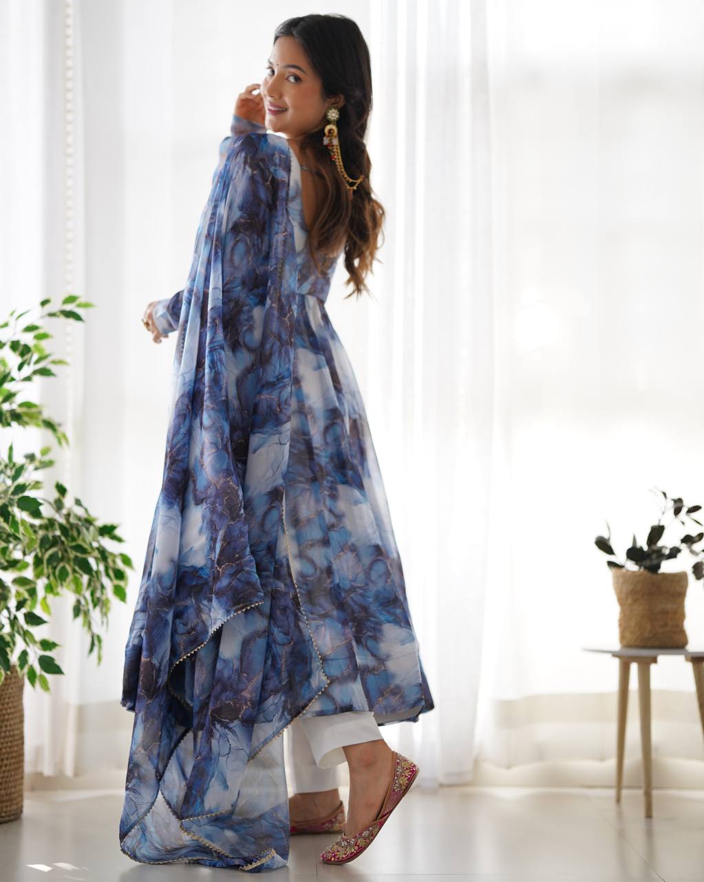 Navy Blue Designer Pure Organza Silk Marble Print Anarkali Set with Dupatta & Pant ClothsVilla