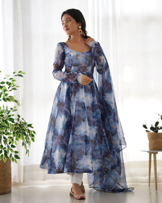 Navy Blue Designer Pure Organza Silk Marble Print Anarkali Set with Dupatta & Pant ClothsVilla