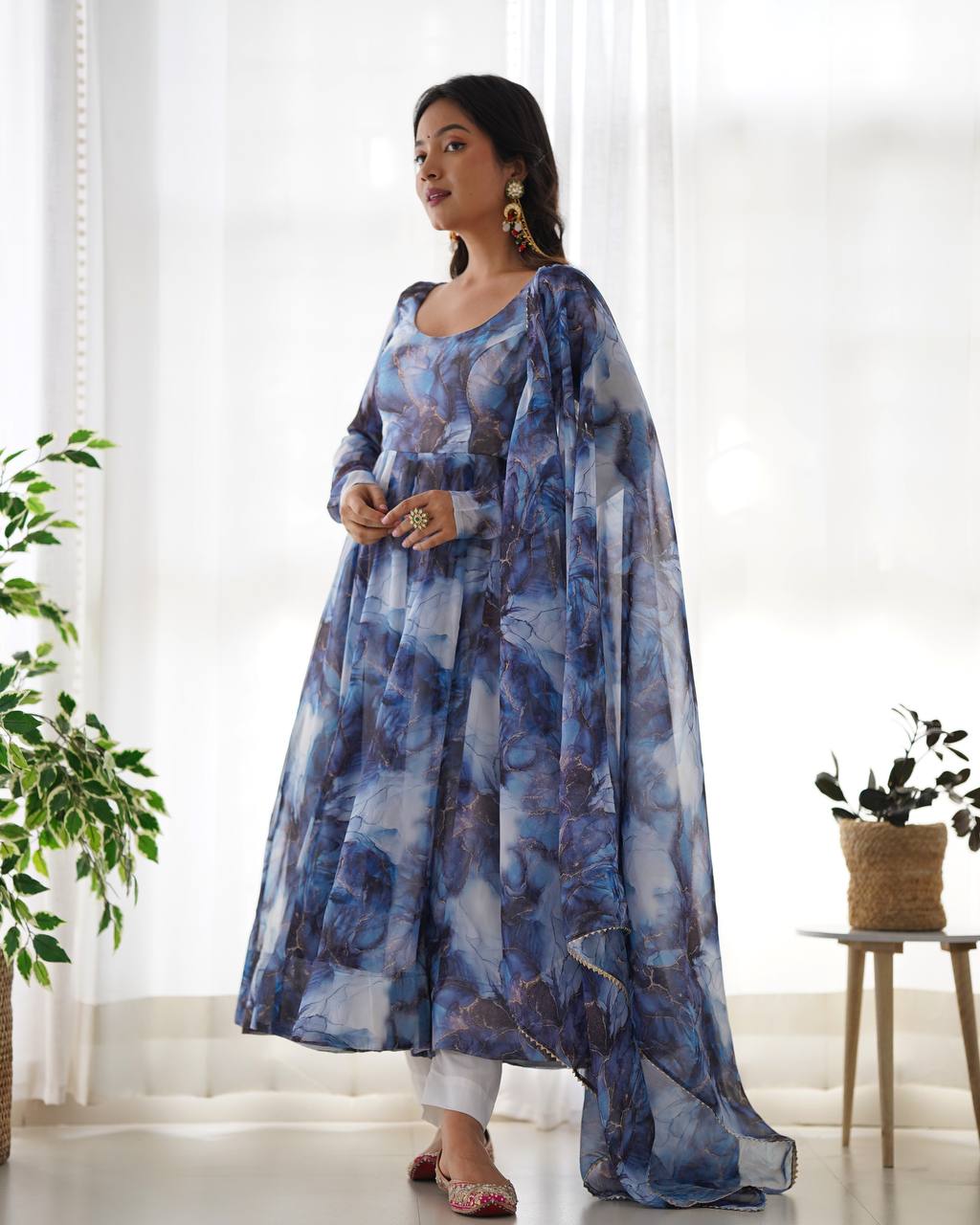 Navy Blue Designer Pure Organza Silk Marble Print Anarkali Set with Dupatta & Pant ClothsVilla