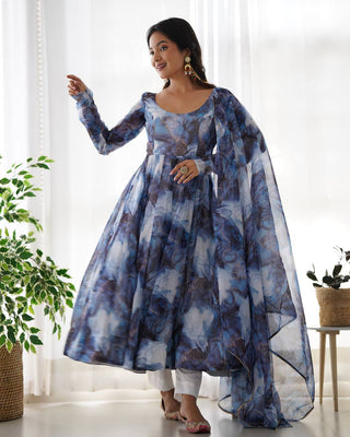 Navy Blue Designer Pure Organza Silk Marble Print Anarkali Set with Dupatta & Pant ClothsVilla