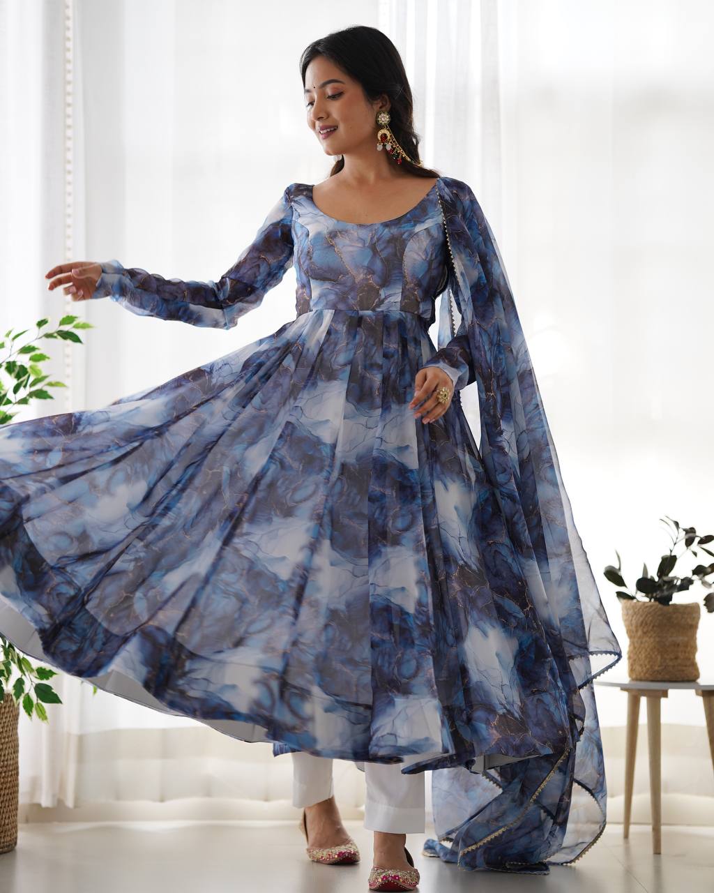 Navy Blue Designer Pure Organza Silk Marble Print Anarkali Set with Dupatta & Pant ClothsVilla