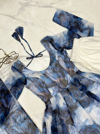 Navy Blue Designer Pure Organza Silk Marble Print Anarkali Set with Dupatta & Pant ClothsVilla