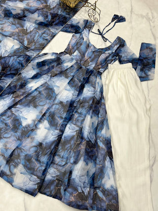 Navy Blue Designer Pure Organza Silk Marble Print Anarkali Set with Dupatta & Pant ClothsVilla