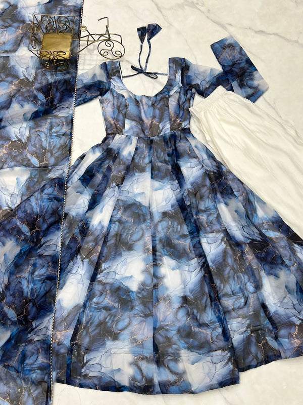 Navy Blue Designer Pure Organza Silk Marble Print Anarkali Set with Dupatta & Pant ClothsVilla