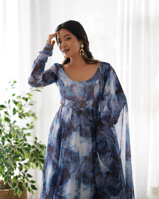 Navy Blue Designer Pure Organza Silk Marble Print Anarkali Set with Dupatta & Pant ClothsVilla