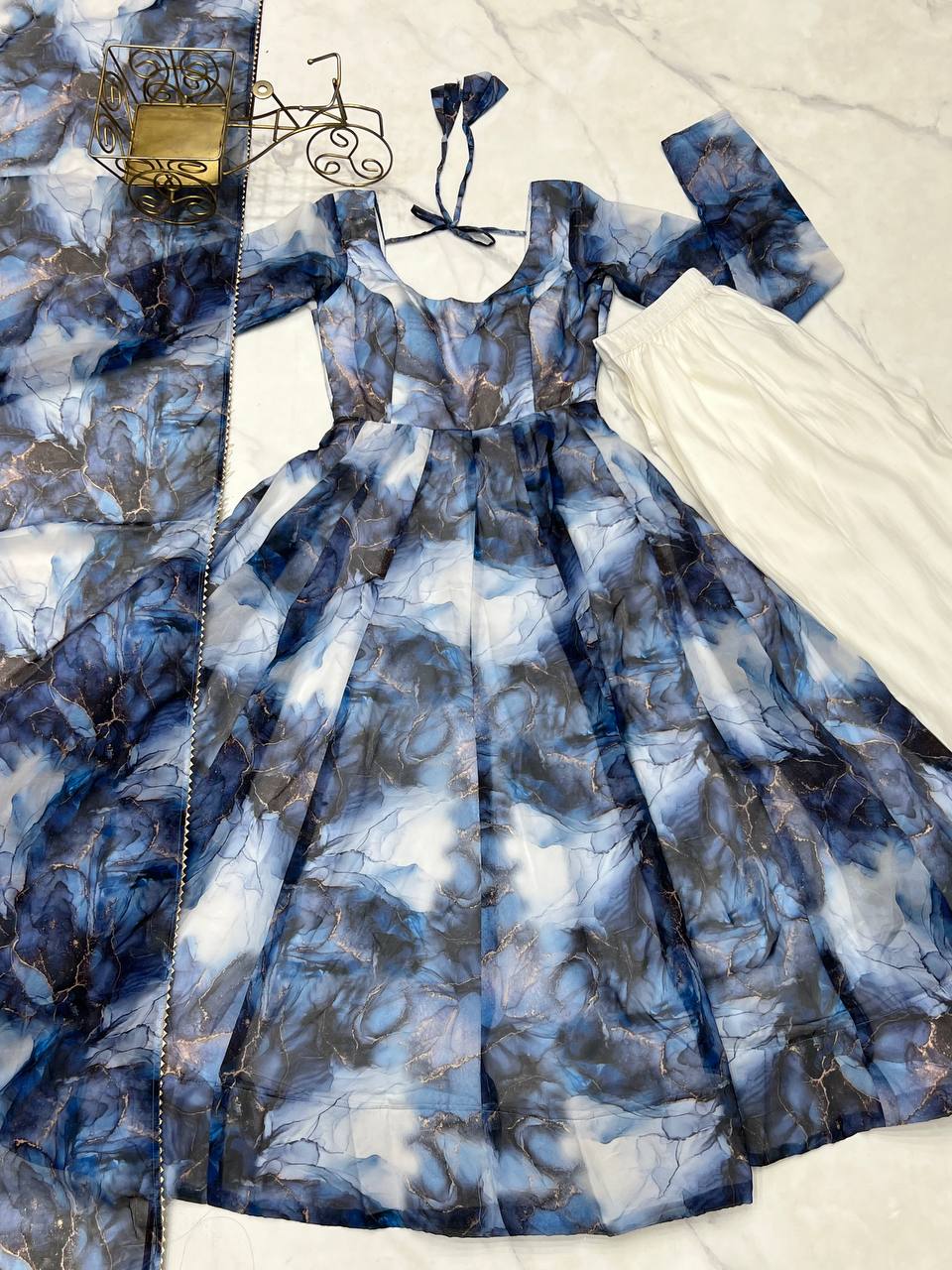 Navy Blue Designer Pure Organza Silk Marble Print Anarkali Set with Dupatta & Pant ClothsVilla