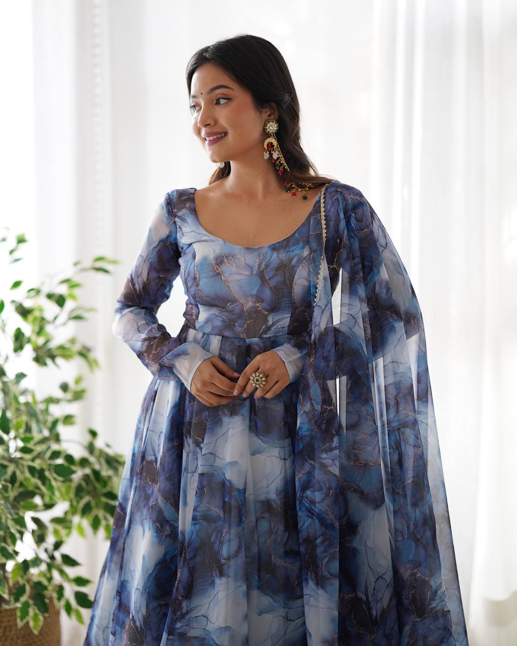 Navy Blue Designer Pure Organza Silk Marble Print Anarkali Set with Dupatta & Pant ClothsVilla