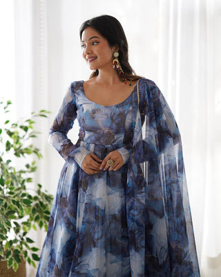 Navy Blue Designer Pure Organza Silk Marble Print Anarkali Set with Dupatta & Pant ClothsVilla