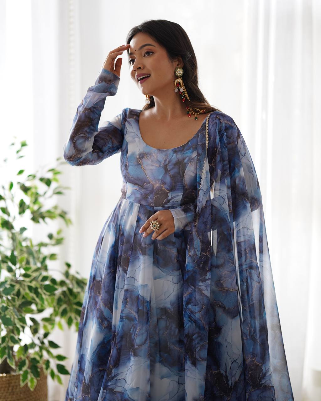 Navy Blue Designer Pure Organza Silk Marble Print Anarkali Set with Dupatta & Pant ClothsVilla