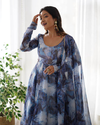 Navy Blue Designer Pure Organza Silk Marble Print Anarkali Set with Dupatta & Pant ClothsVilla