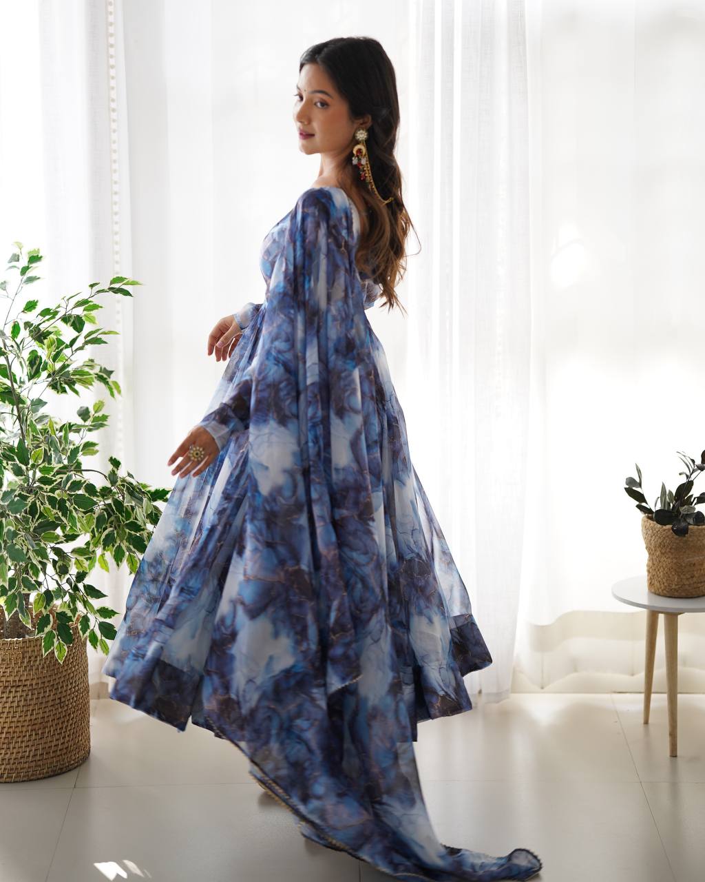 Navy Blue Designer Pure Organza Silk Marble Print Anarkali Set with Dupatta & Pant ClothsVilla