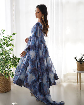Navy Blue Designer Pure Organza Silk Marble Print Anarkali Set with Dupatta & Pant ClothsVilla