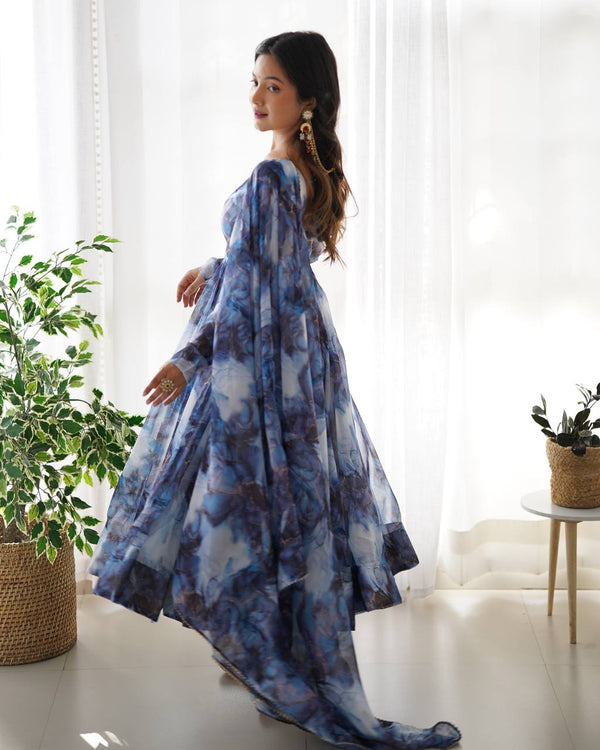 Navy Blue Designer Pure Organza Silk Marble Print Anarkali Set with Dupatta & Pant ClothsVilla