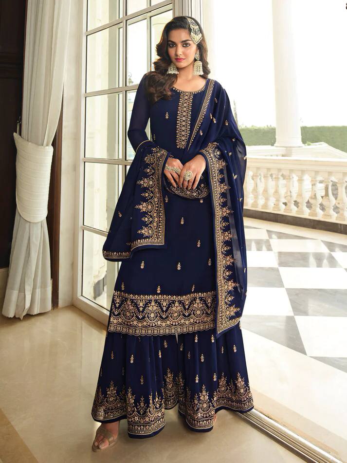 Navy Blue Eid Wear Designer Shalwar Kameez Palazzo Suits Heavy Embroidery Worked Pakistani Indian Wedding Wear Beautiful Salwar Kameez Dupatta Dresses Main image
